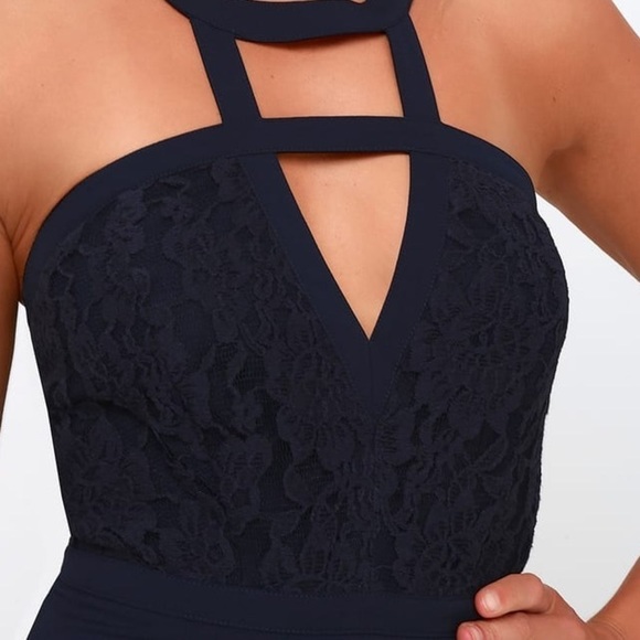 Lulus Floral Lace Halter Blue Bodycon Formal Dress - Picture 6 of 8